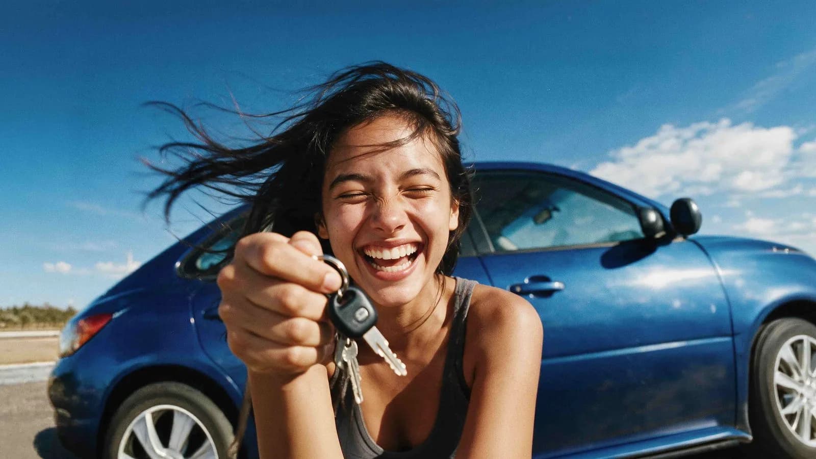 Mujer sonriente mostrando las llaves de su auto frente a un coche azul