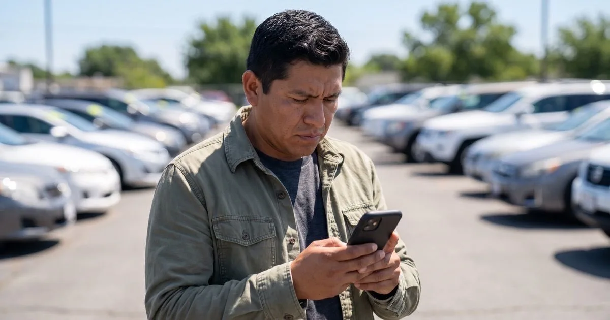 Hombre revisando su celular en un lote con autos estacionados