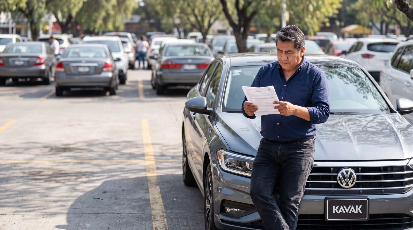 Hombre recargado en un auto con placa Kavak revisando un documento