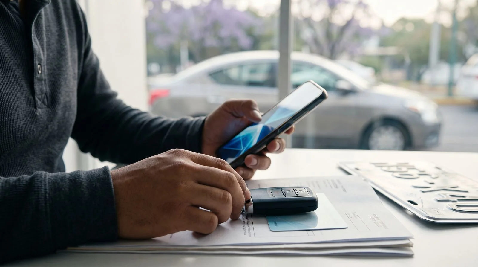 Manos sosteniendo un celular sobre documentos y placas de auto