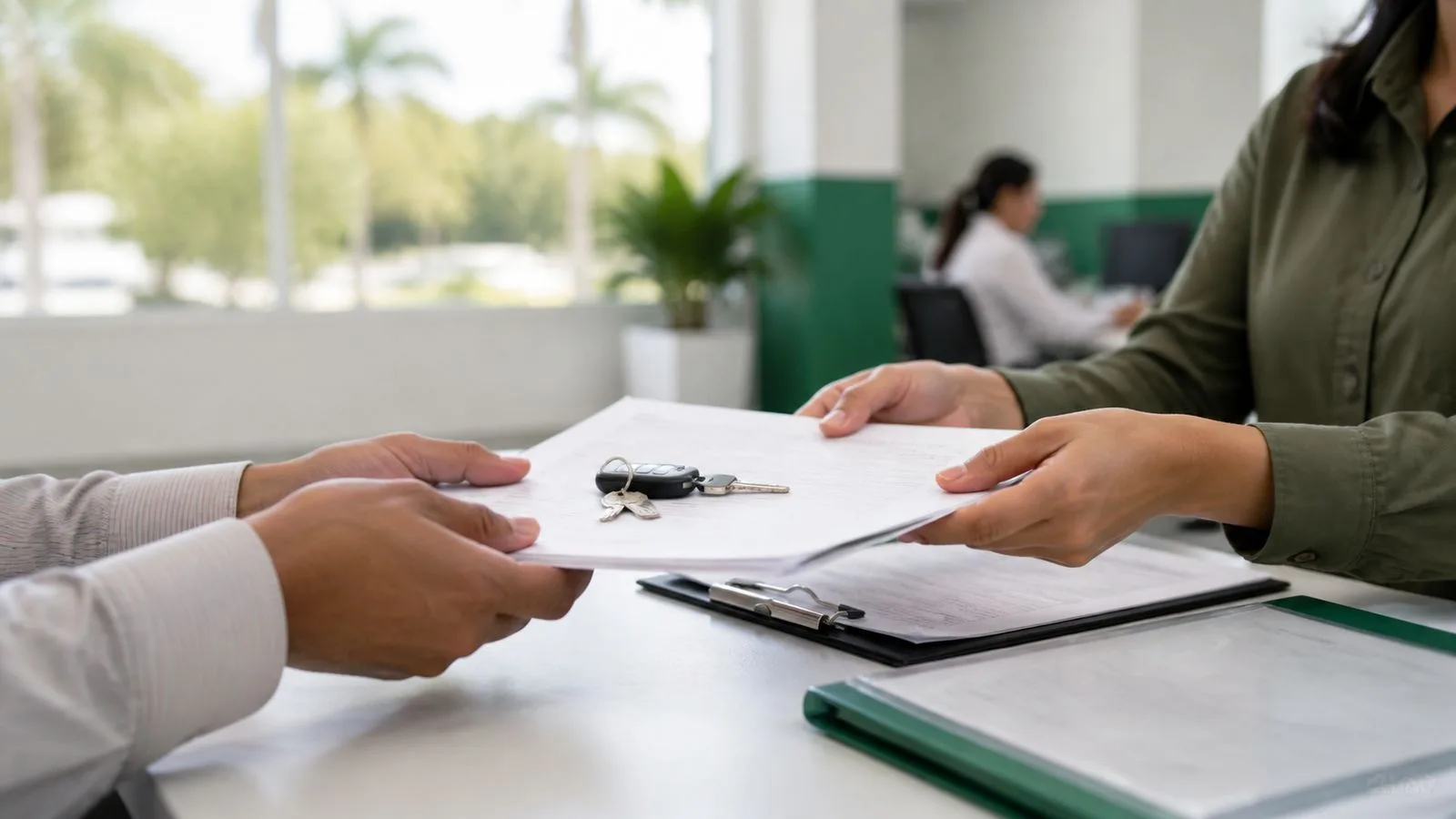 Dos personas intercambiando documentos y las llaves de un auto sobre un escritorio