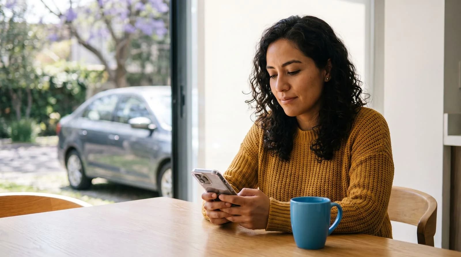 Mujer usando su celular en una mesa con un auto visible por la ventana