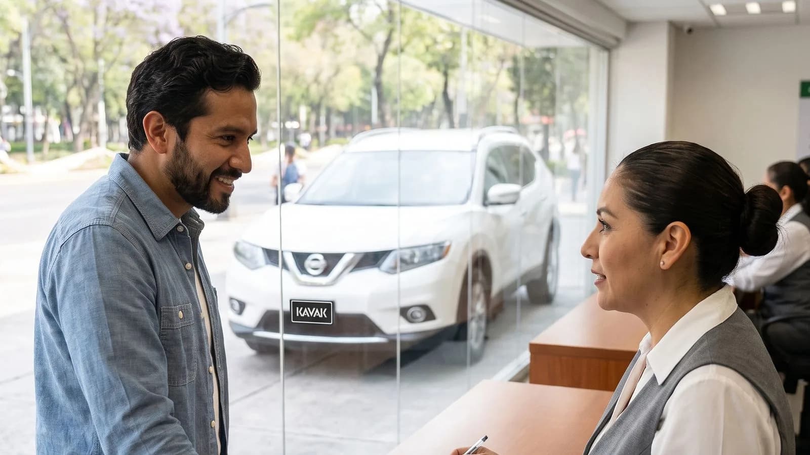 Dos personas conversando en una sede con un auto blanco al fondo