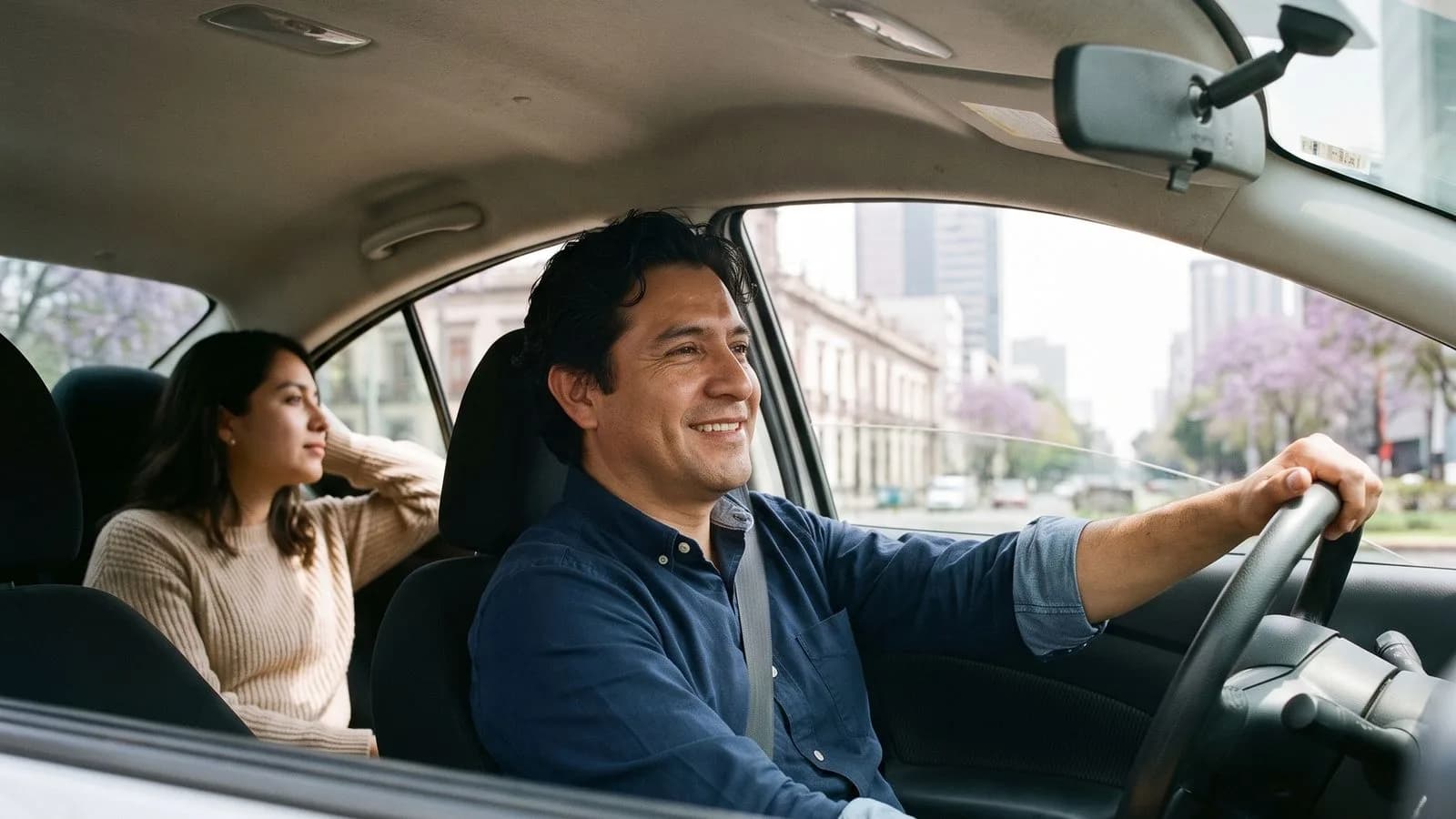 Pareja dentro de un auto; el conductor sonríe con las manos al volante