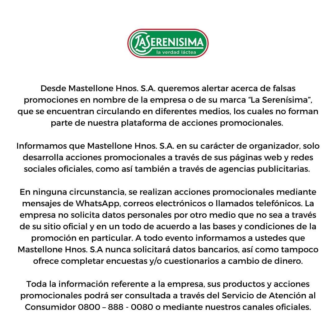 Comunicado de La Serenísima sobre prevención de estafas