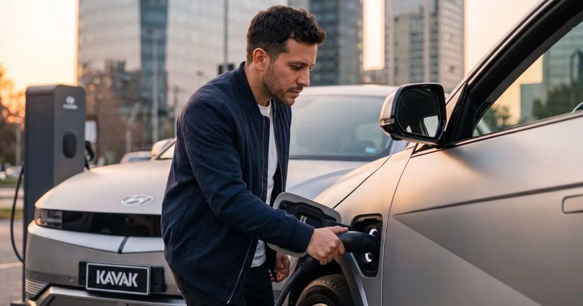 Hombre conectando el cargador a un auto eléctrico en la ciudad